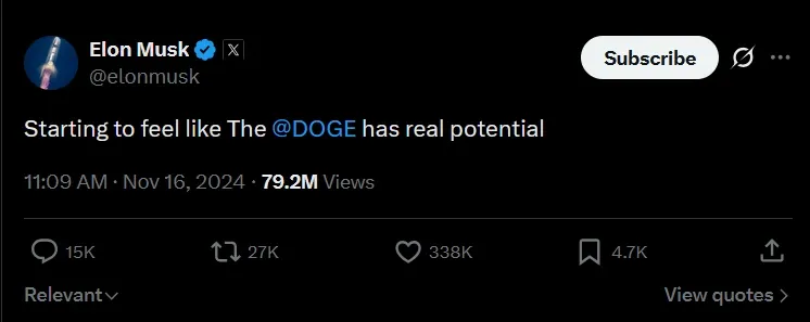 Screenshot of a post by Elon Musk on X reading 
